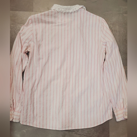 Sezane Gina Button Down Long Sleeve Cotton Shirt. White, Pink Striped. 6US. Lace - Picture 6 of 16